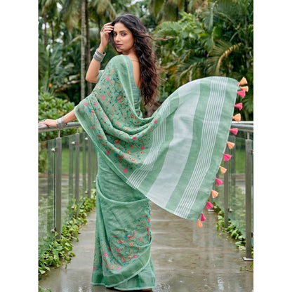 Generic Women's Linen Floral Embroidered Saree With Unstitched Blouse 5.5Mtr (Sea Green)