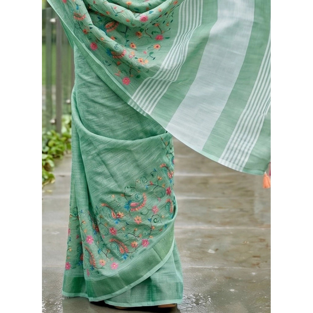 Generic Women's Linen Floral Embroidered Saree With Unstitched Blouse 5.5Mtr (Sea Green)