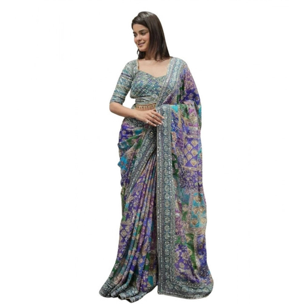 Generic Women's Chiffon Embellished Saree With Unstitched Blouse 5.5Mtr (Multicolor)