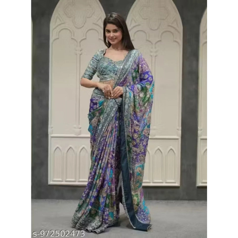 Generic Women's Chiffon Embellished Saree With Unstitched Blouse 5.5Mtr (Multicolor)