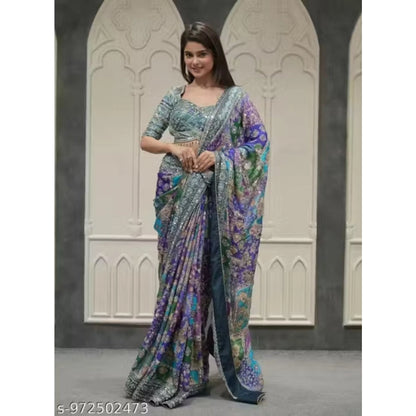 Generic Women's Chiffon Embellished Saree With Unstitched Blouse 5.5Mtr (Multicolor)