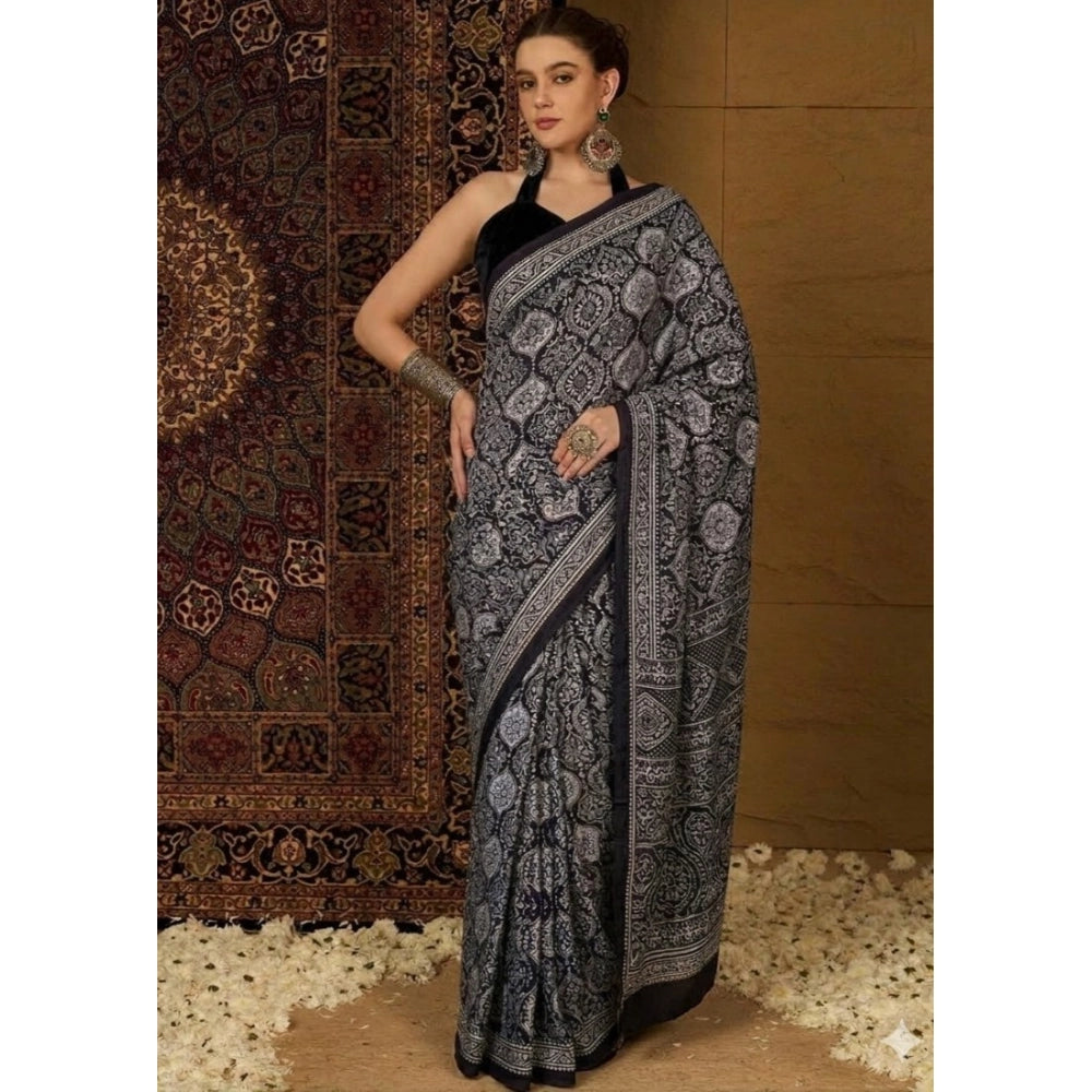 Generic Women's Crepe Printed Saree With Unstitched Blouse 5.5Mtr (Black)