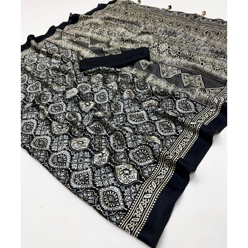 Generic Women's Crepe Printed Saree With Unstitched Blouse 5.5Mtr (Black)
