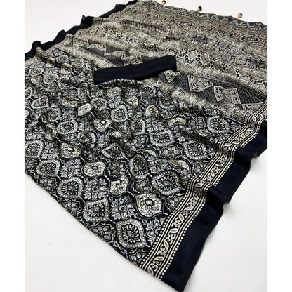 Generic Women's Crepe Printed Saree With Unstitched Blouse 5.5Mtr (Black)