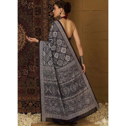 Generic Women's Crepe Printed Saree With Unstitched Blouse 5.5Mtr (Black)