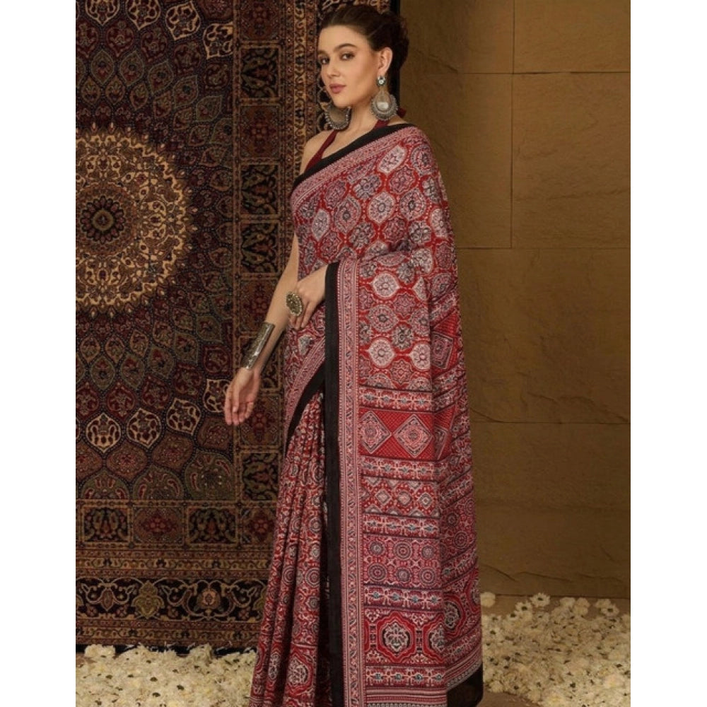 Generic Women's Crepe Printed Saree With Unstitched Blouse 5.5Mtr (Maroon)