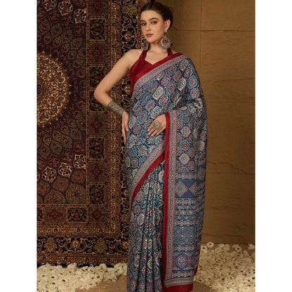 Generic Women's Crepe Printed Saree With Unstitched Blouse 5.5Mtr (Navy Blue)
