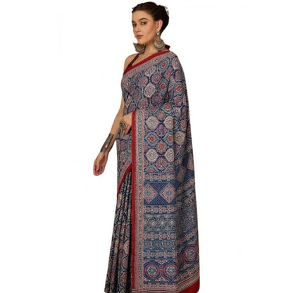 Generic Women's Crepe Printed Saree With Unstitched Blouse 5.5Mtr (Navy Blue)