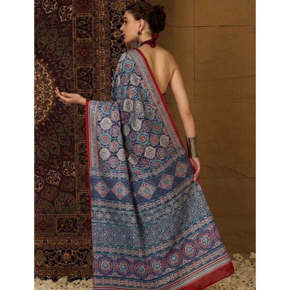 Generic Women's Crepe Printed Saree With Unstitched Blouse 5.5Mtr (Navy Blue)