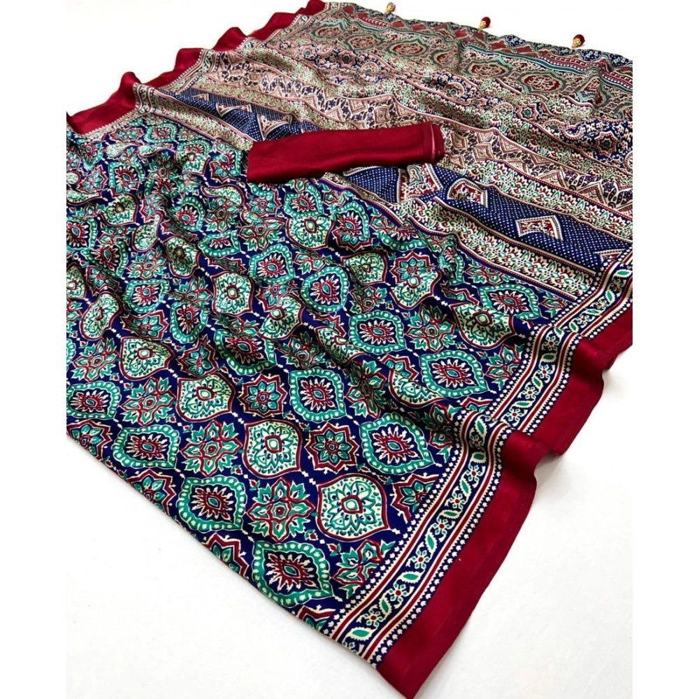 Generic Women's Crepe Printed Saree With Unstitched Blouse 5.5Mtr (Navy Blue)