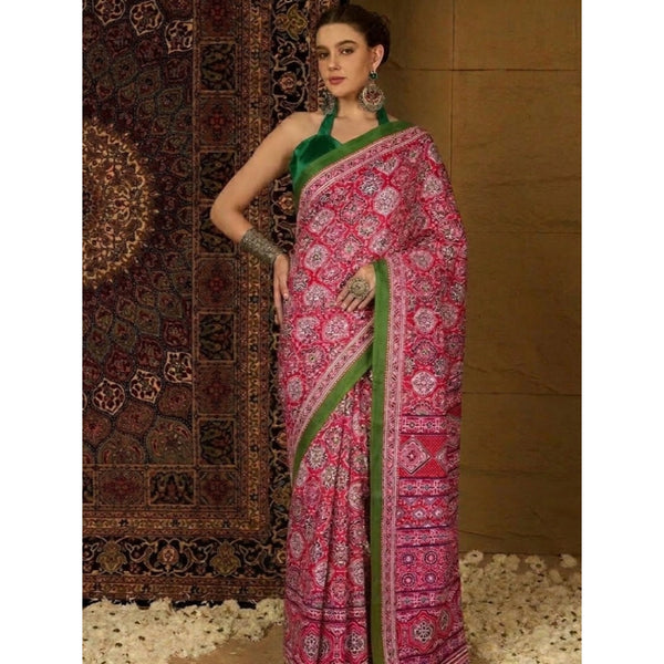 Generic Women's Crepe Printed Saree With Unstitched Blouse 5.5Mtr (Pink)