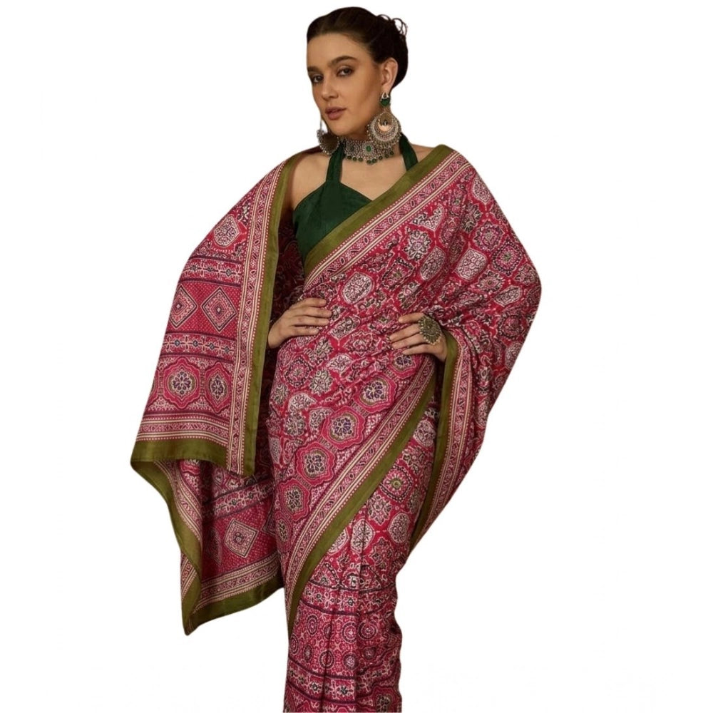 Generic Women's Crepe Printed Saree With Unstitched Blouse 5.5Mtr (Pink)