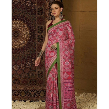 Generic Women's Crepe Printed Saree With Unstitched Blouse 5.5Mtr (Pink)