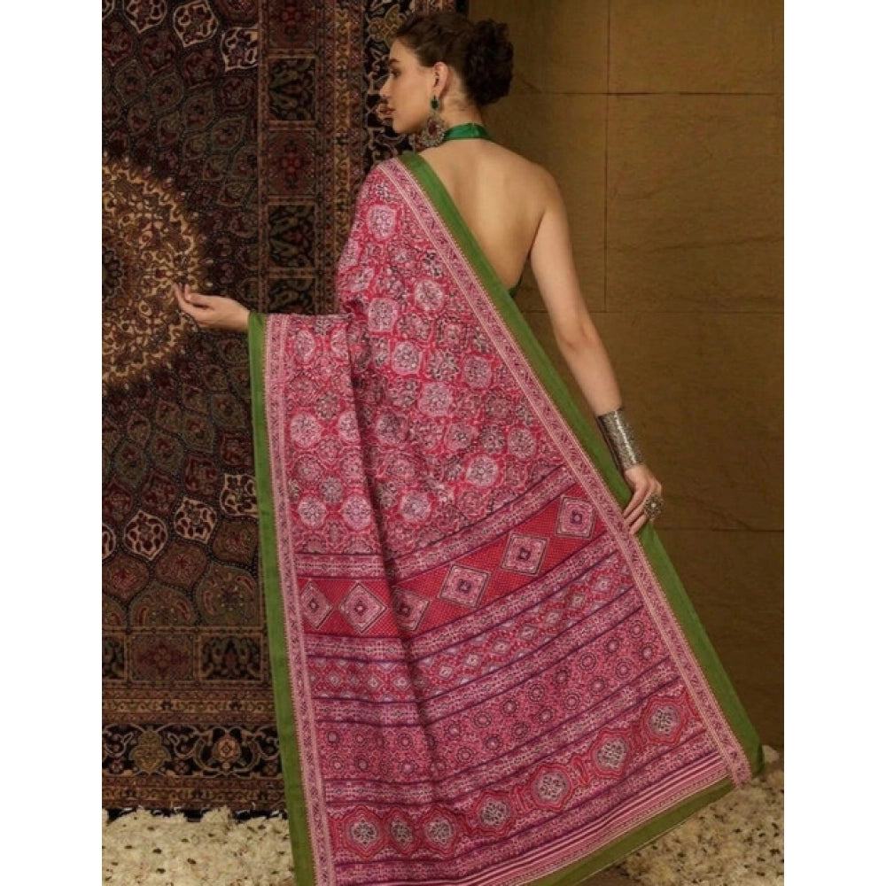 Generic Women's Crepe Printed Saree With Unstitched Blouse 5.5Mtr (Pink)