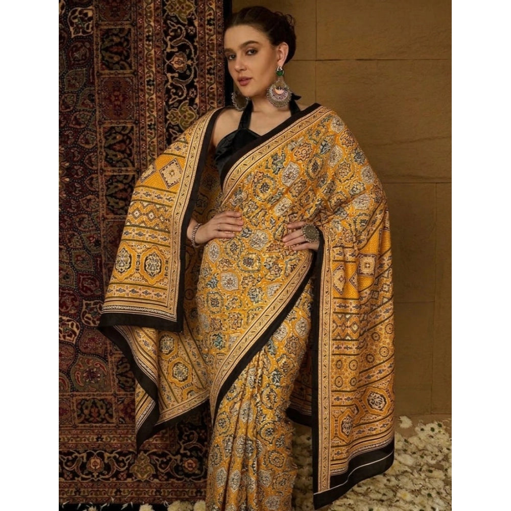 Generic Women's Crepe Printed Saree With Unstitched Blouse 5.5Mtr (Yellow)