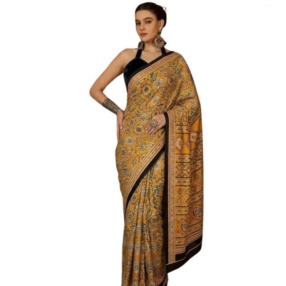 Generic Women's Crepe Printed Saree With Unstitched Blouse 5.5Mtr (Yellow)