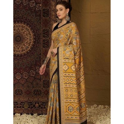 Generic Women's Crepe Printed Saree With Unstitched Blouse 5.5Mtr (Yellow)