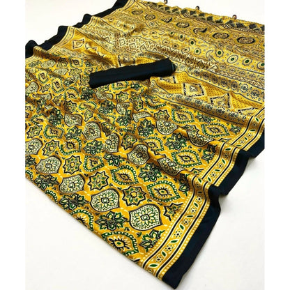 Generic Women's Crepe Printed Saree With Unstitched Blouse 5.5Mtr (Yellow)