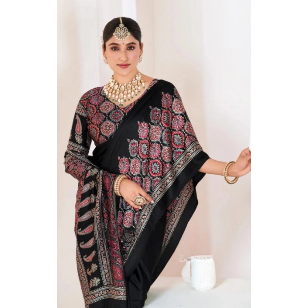 Generic Women's Crepe Printed Saree With Unstitched Blouse 5.5Mtr (Black)