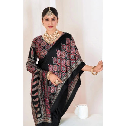 Generic Women's Crepe Printed Saree With Unstitched Blouse 5.5Mtr (Black)