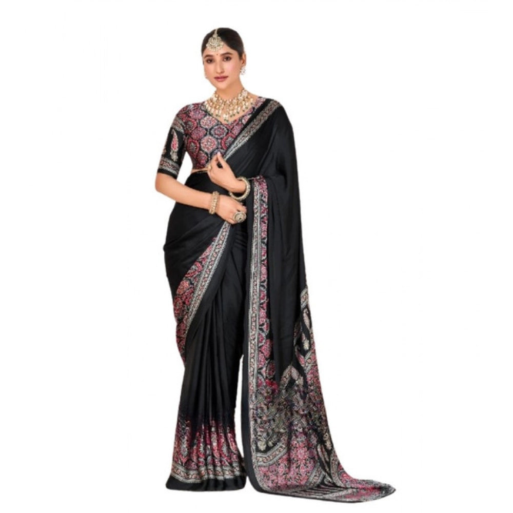 Generic Women's Crepe Printed Saree With Unstitched Blouse 5.5Mtr (Black)