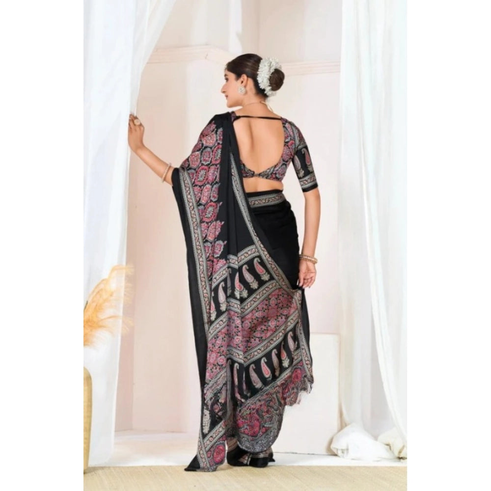 Generic Women's Crepe Printed Saree With Unstitched Blouse 5.5Mtr (Black)
