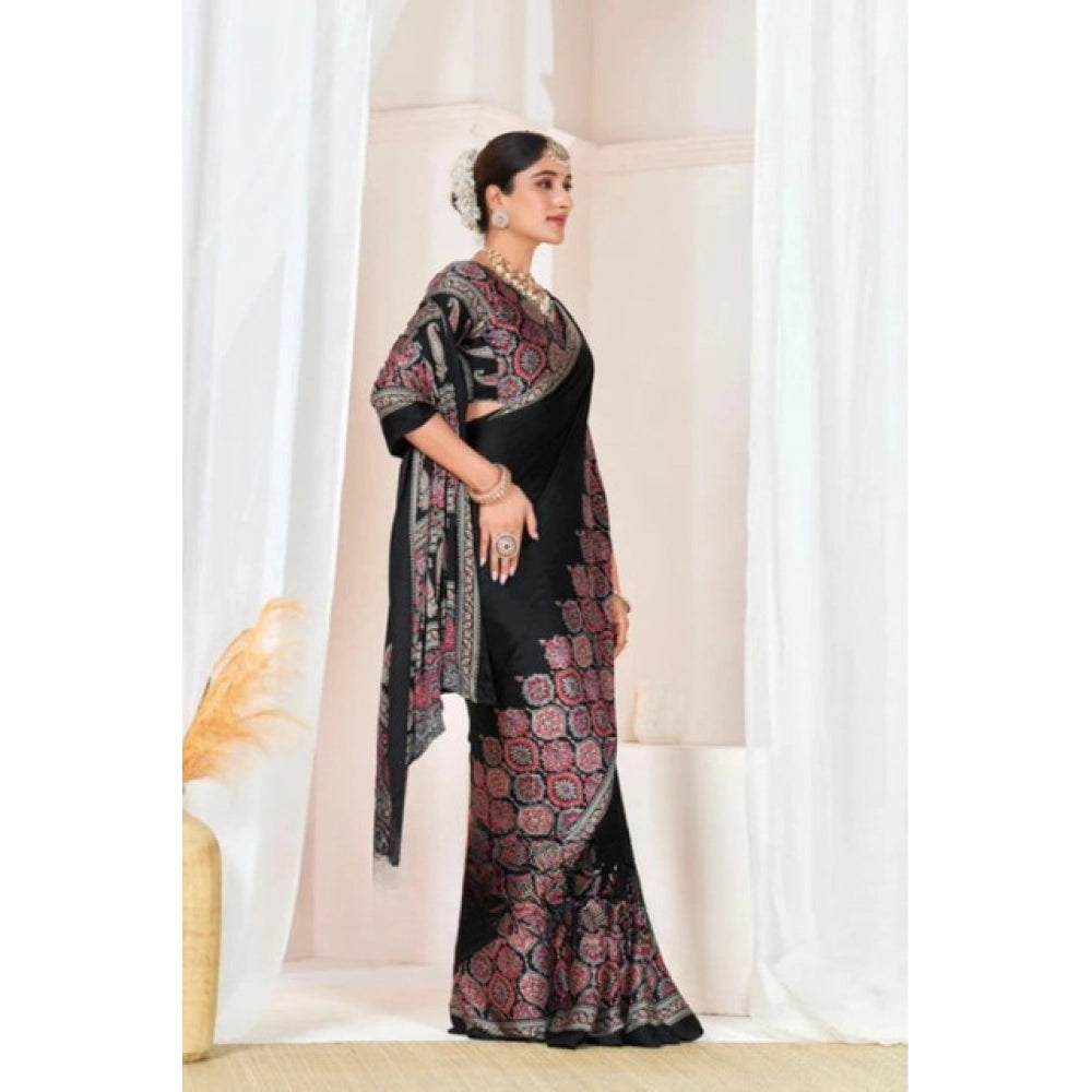 Generic Women's Crepe Printed Saree With Unstitched Blouse 5.5Mtr (Black)