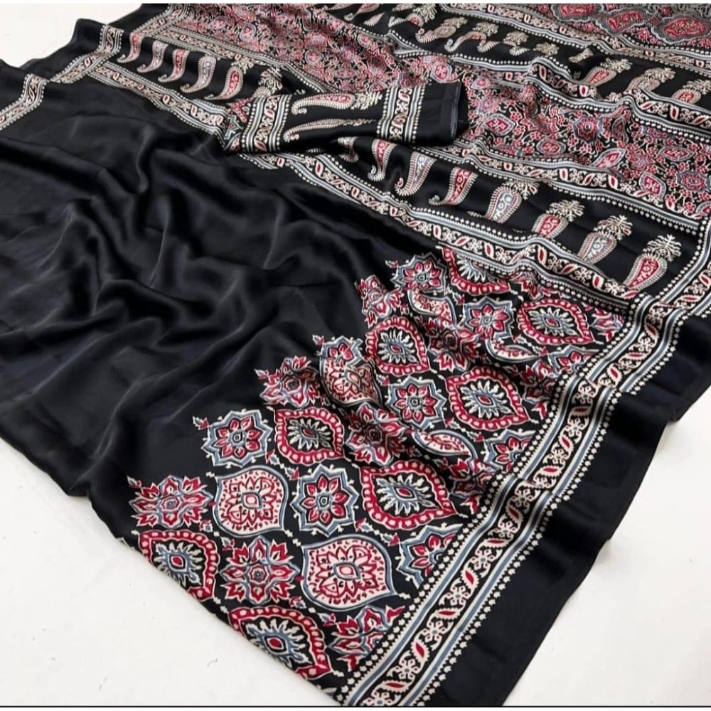 Generic Women's Crepe Printed Saree With Unstitched Blouse 5.5Mtr (Black)