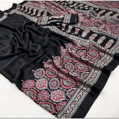 Generic Women's Crepe Printed Saree With Unstitched Blouse 5.5Mtr (Black)