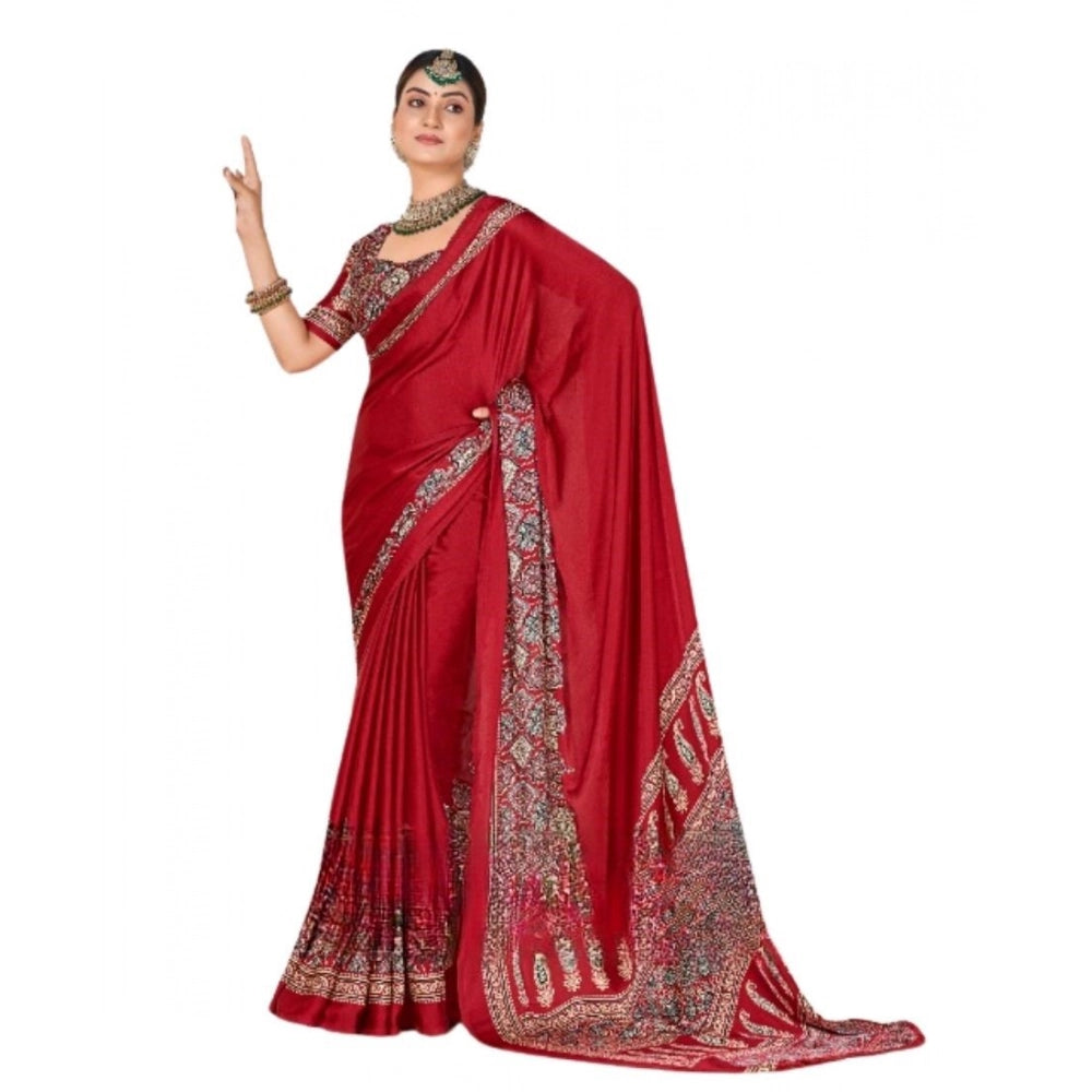 Generic Women's Crepe Printed Saree With Unstitched Blouse 5.5Mtr (Maroon)