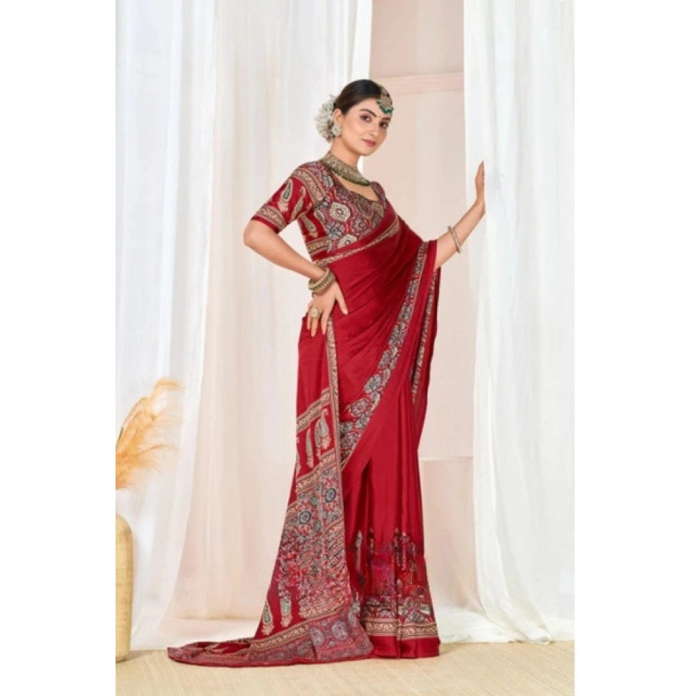 Generic Women's Crepe Printed Saree With Unstitched Blouse 5.5Mtr (Maroon)