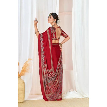 Generic Women's Crepe Printed Saree With Unstitched Blouse 5.5Mtr (Maroon)