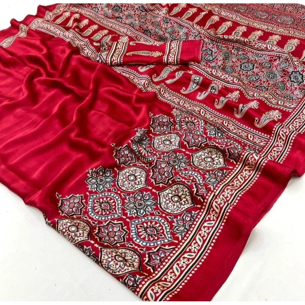 Generic Women's Crepe Printed Saree With Unstitched Blouse 5.5Mtr (Maroon)