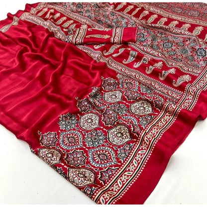 Generic Women's Crepe Printed Saree With Unstitched Blouse 5.5Mtr (Maroon)