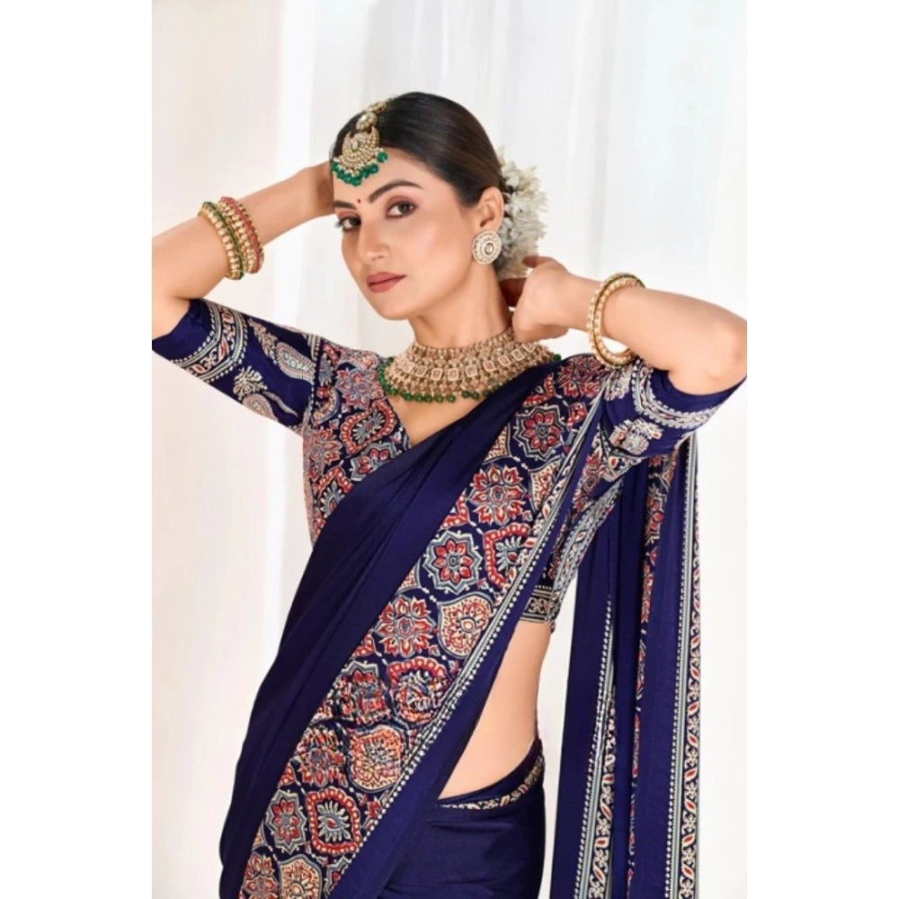 Generic Women's Crepe Printed Saree With Unstitched Blouse 5.5Mtr (Navy Blue)