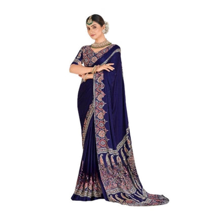 Generic Women's Crepe Printed Saree With Unstitched Blouse 5.5Mtr (Navy Blue)