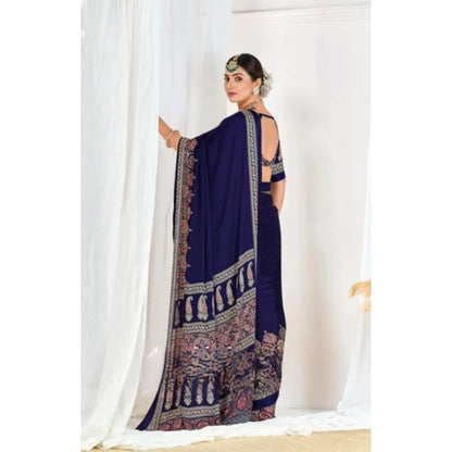 Generic Women's Crepe Printed Saree With Unstitched Blouse 5.5Mtr (Navy Blue)
