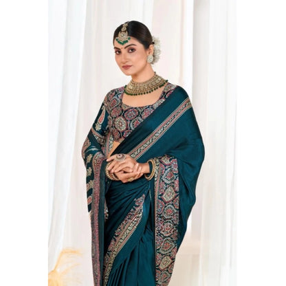Generic Women's Crepe Printed Saree With Unstitched Blouse 5.5Mtr (Teal)