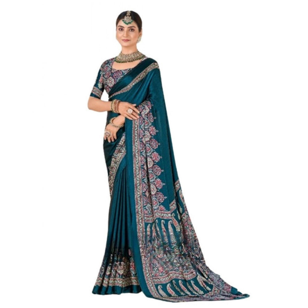 Generic Women's Crepe Printed Saree With Unstitched Blouse 5.5Mtr (Teal)