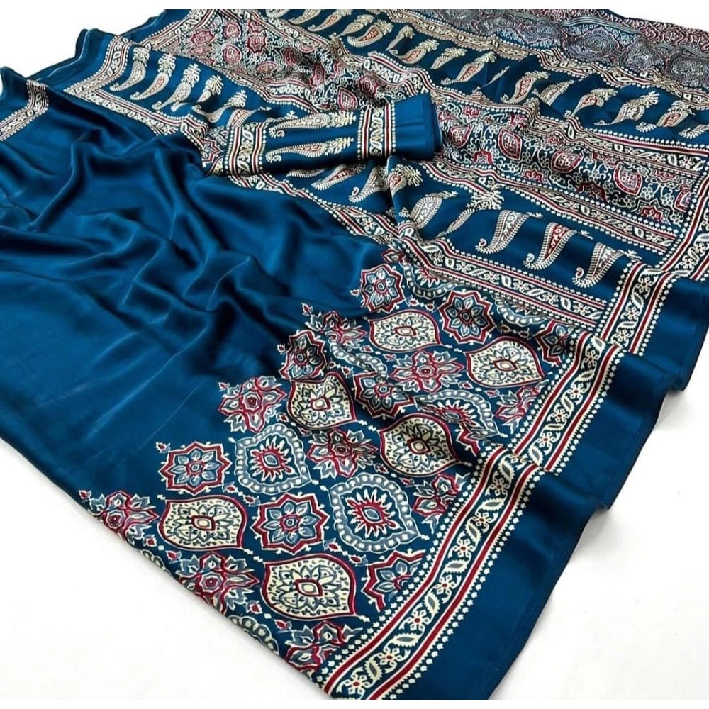 Generic Women's Crepe Printed Saree With Unstitched Blouse 5.5Mtr (Teal)
