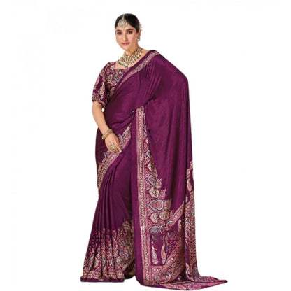 Generic Women's Crepe Printed Saree With Unstitched Blouse 5.5Mtr (Wine)