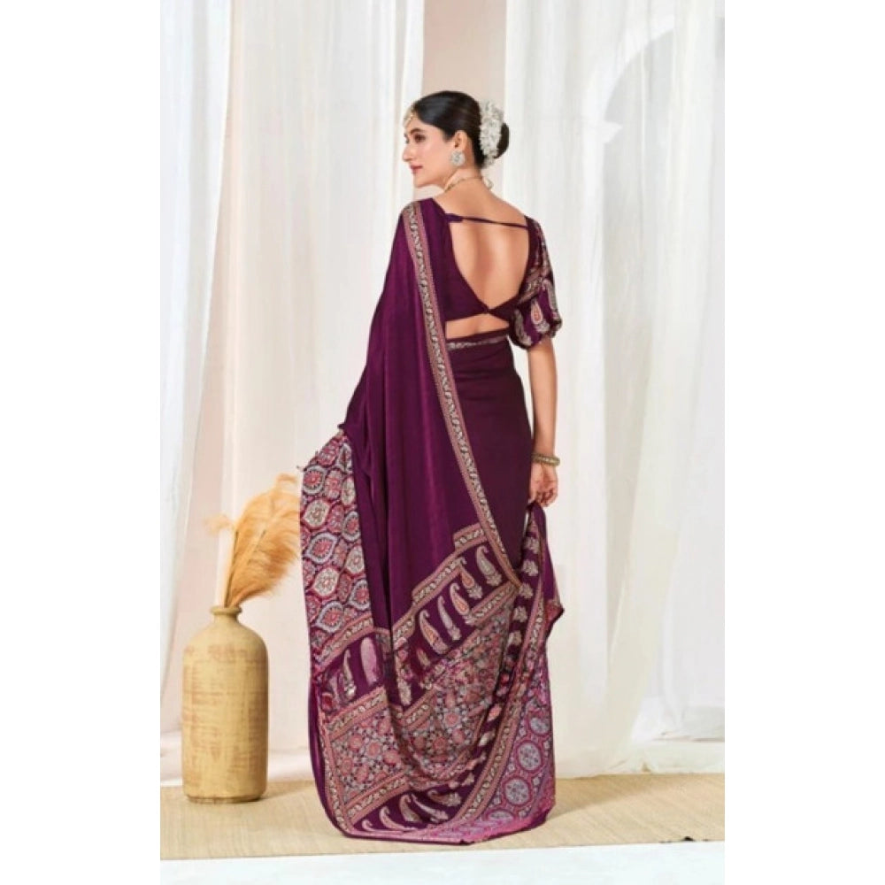 Generic Women's Crepe Printed Saree With Unstitched Blouse 5.5Mtr (Wine)