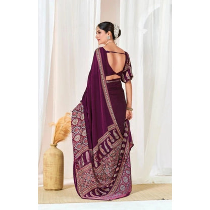 Generic Women's Crepe Printed Saree With Unstitched Blouse 5.5Mtr (Wine)