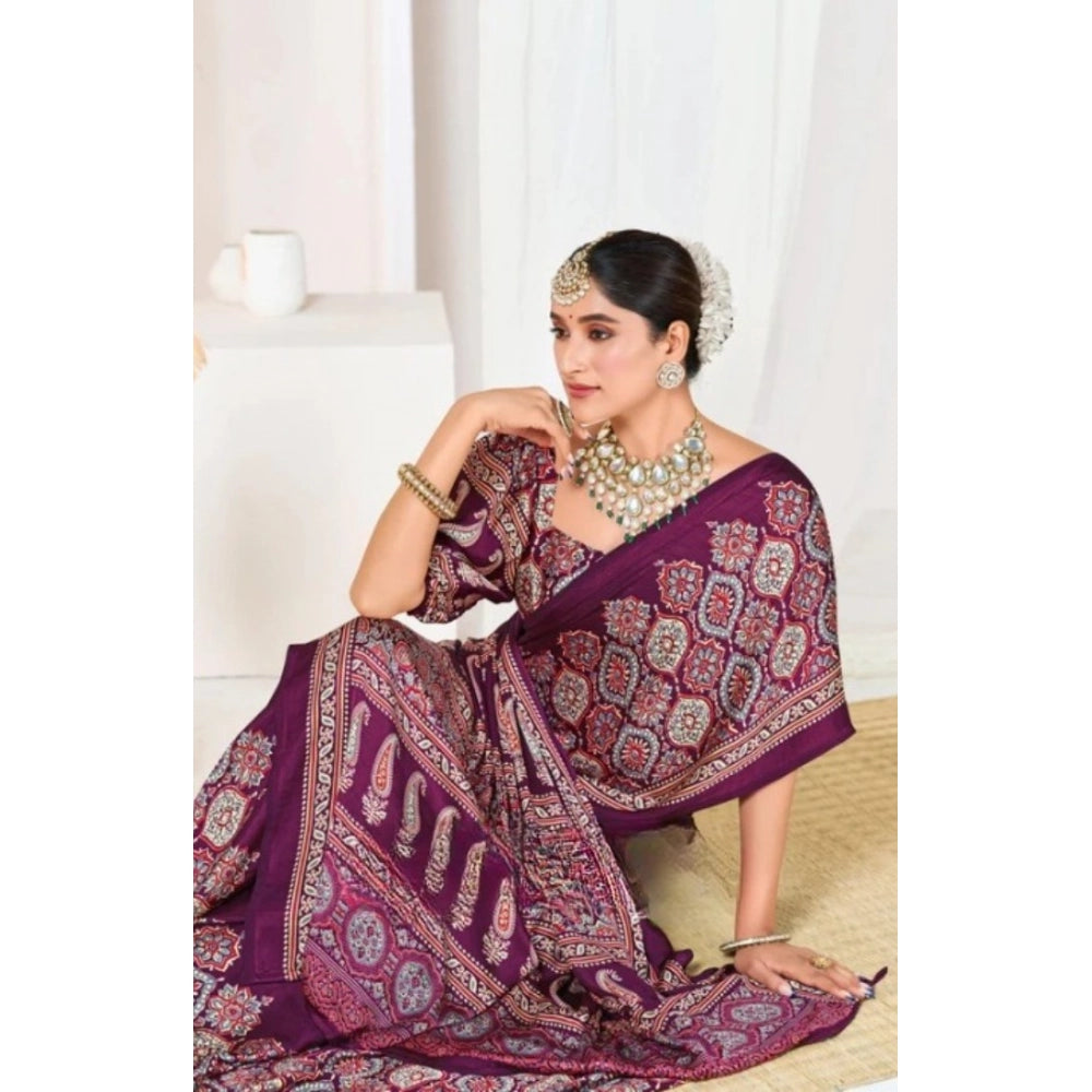 Generic Women's Crepe Printed Saree With Unstitched Blouse 5.5Mtr (Wine)