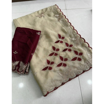 Generic Women's Star Georgette Embellished Saree With Unstitched Blouse 5.5Mtr (Beige-Maroon)