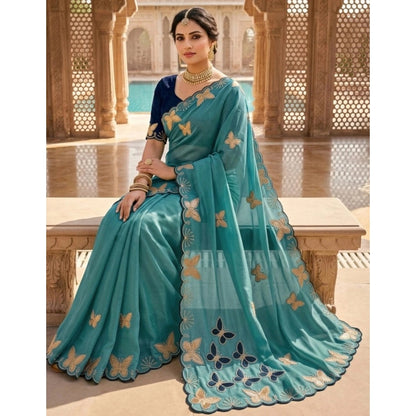 Generic Women's Star Georgette Embellished Saree With Unstitched Blouse 5.5Mtr (Blue)