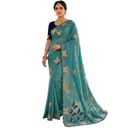 Generic Women's Star Georgette Embellished Saree With Unstitched Blouse 5.5Mtr (Blue)