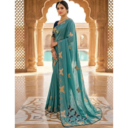 Generic Women's Star Georgette Embellished Saree With Unstitched Blouse 5.5Mtr (Blue)
