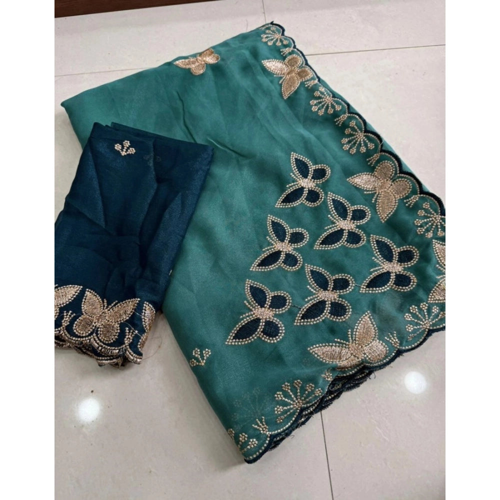 Generic Women's Star Georgette Embellished Saree With Unstitched Blouse 5.5Mtr (Blue)