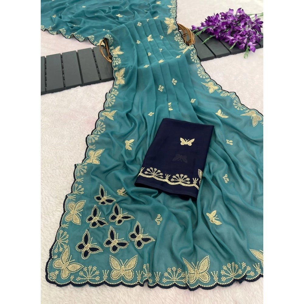 Generic Women's Star Georgette Embellished Saree With Unstitched Blouse 5.5Mtr (Blue)